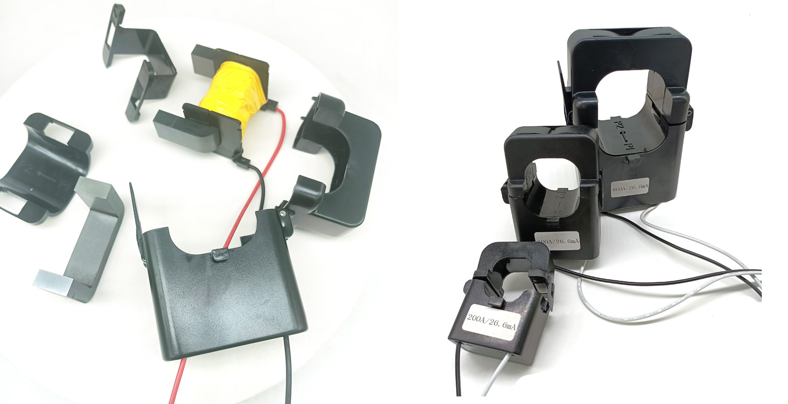 Split core current transformer opened around a live insulated cable for retrofit installation